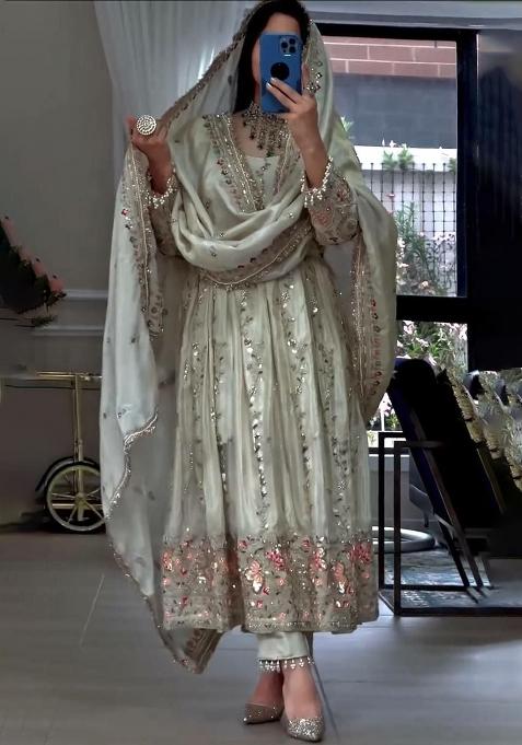 White Embroidered Silk Pakistani Suit