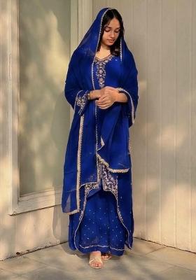 Blue Embroidered Georgette Kurta Set