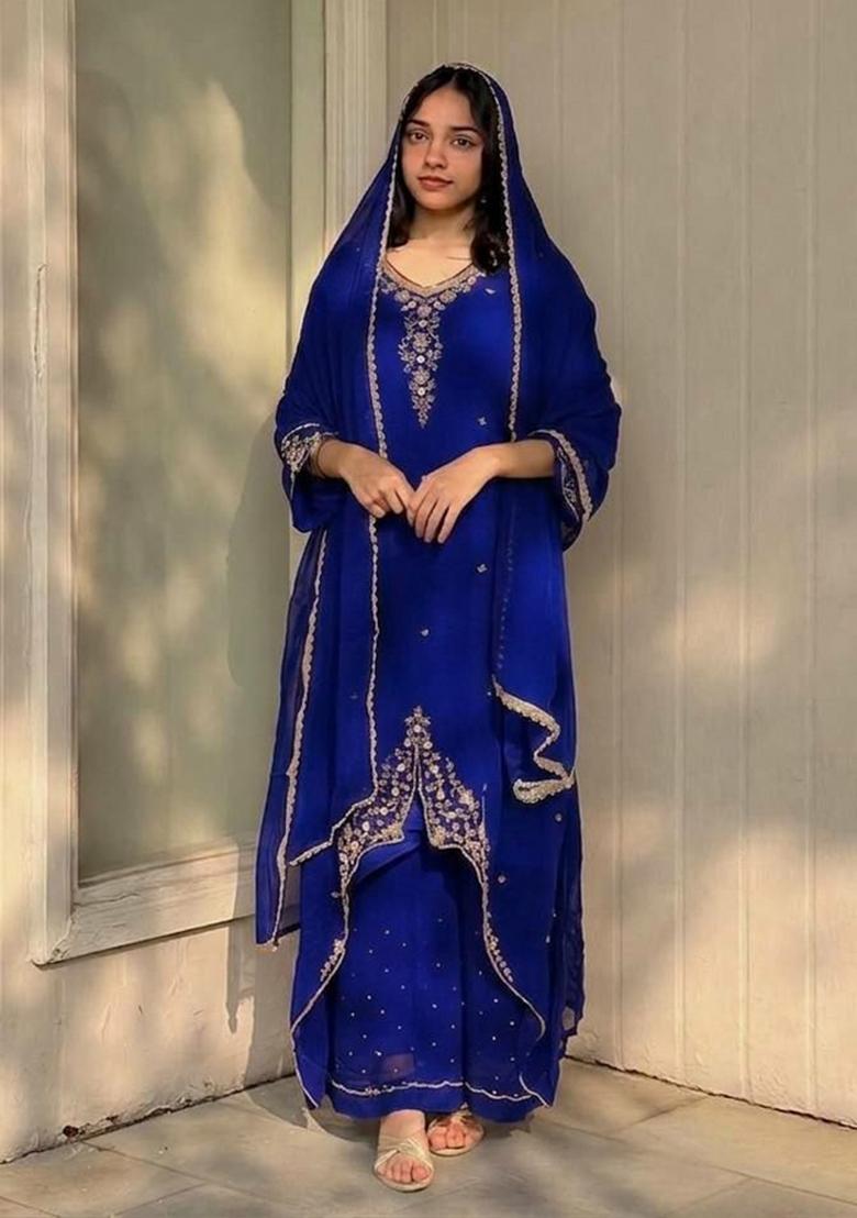 Blue Embroidered Georgette Kurta Set - Indya