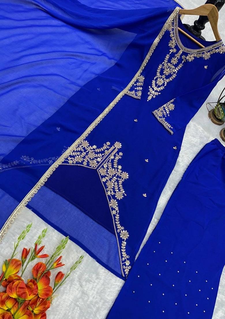 Blue Embroidered Georgette Kurta Set - Indya