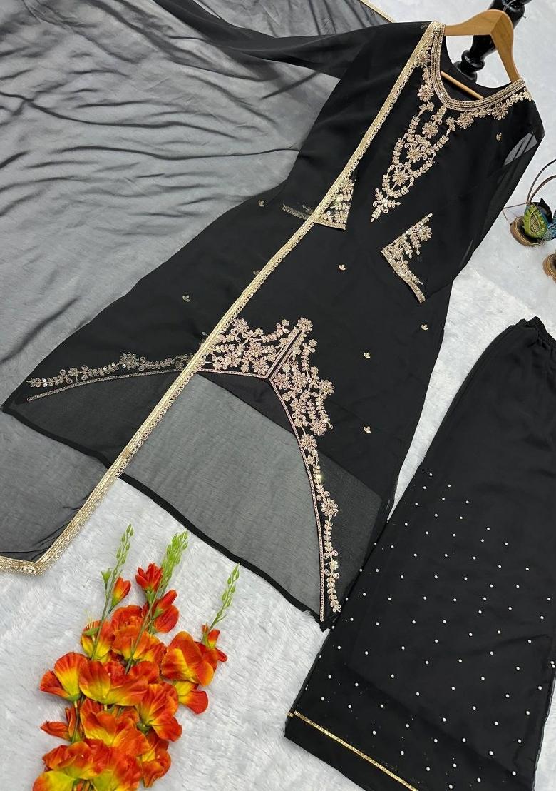 Black Embroidered Georgette Kurta Set - Indya