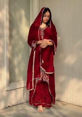 Red Embroidered Georgette Kurta Set