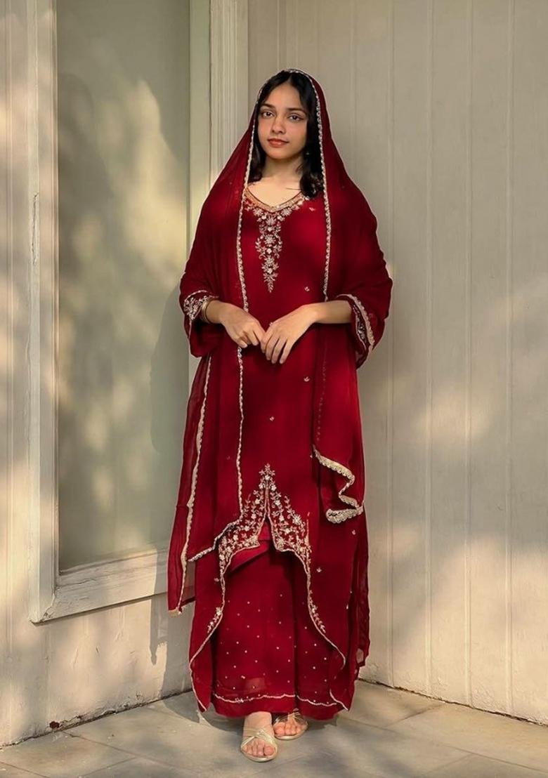 Red Embroidered Georgette Kurta Set - Indya