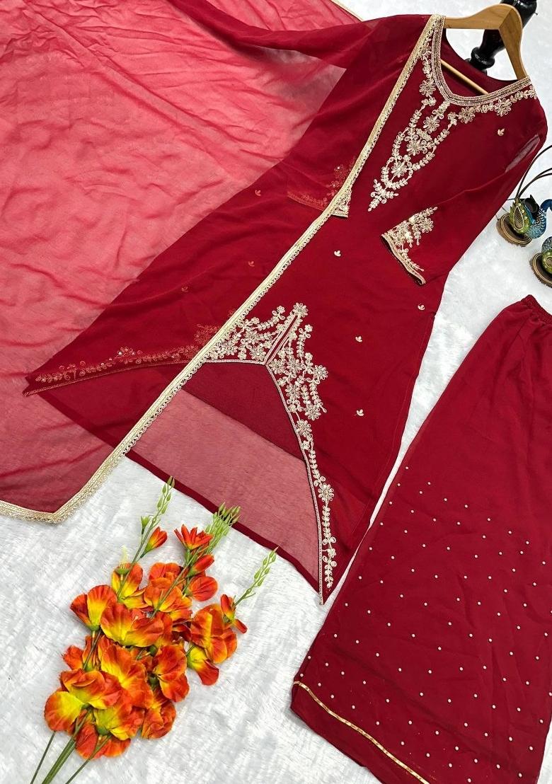 Red Embroidered Georgette Kurta Set - Indya