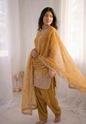 Yellow Embroidered Silk Blend Salwar Kameez