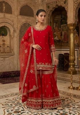 Red Embroidered Georgette Sharara Set