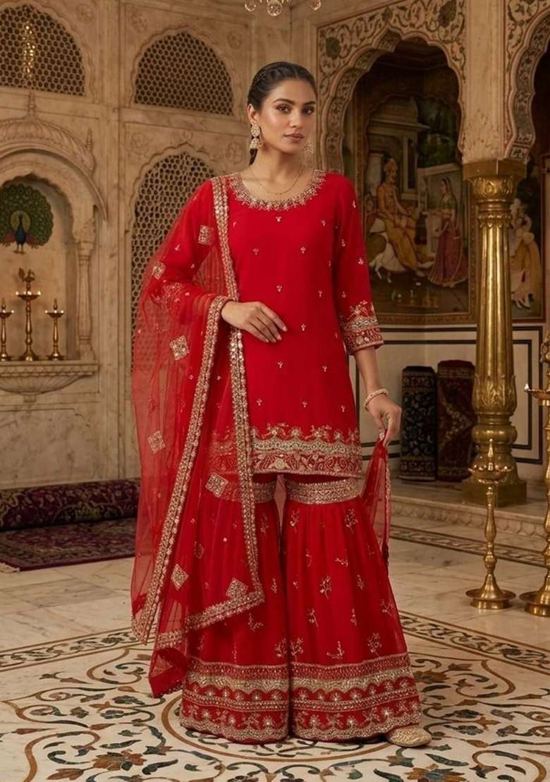Red Embroidered Georgette Sharara Set - Indya