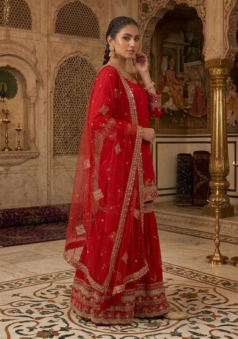 Red Embroidered Georgette Sharara Set - Indya