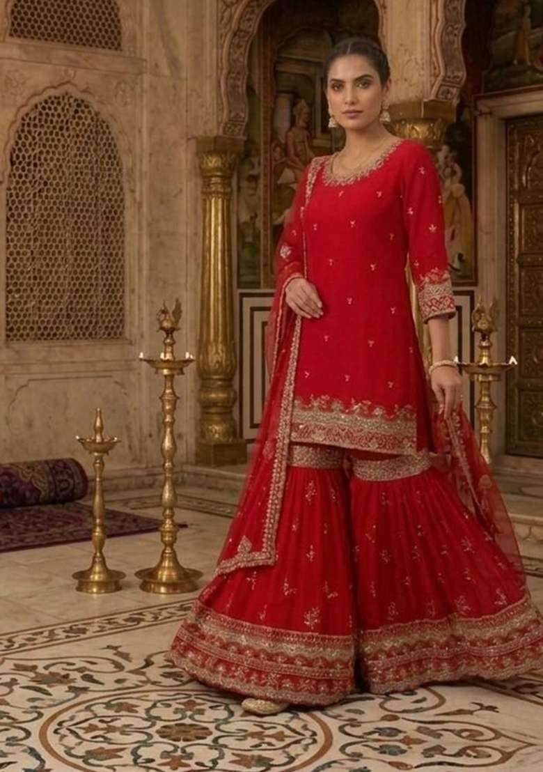 Red Embroidered Georgette Sharara Set - Indya