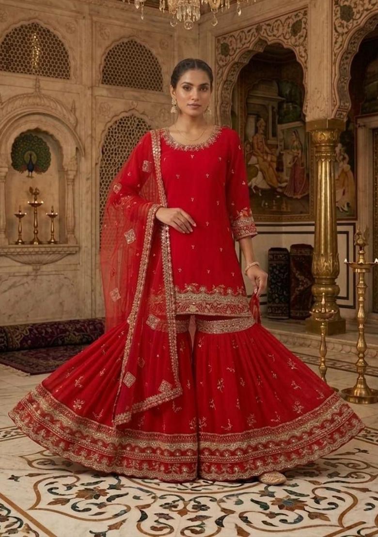 Red Embroidered Georgette Sharara Set - Indya