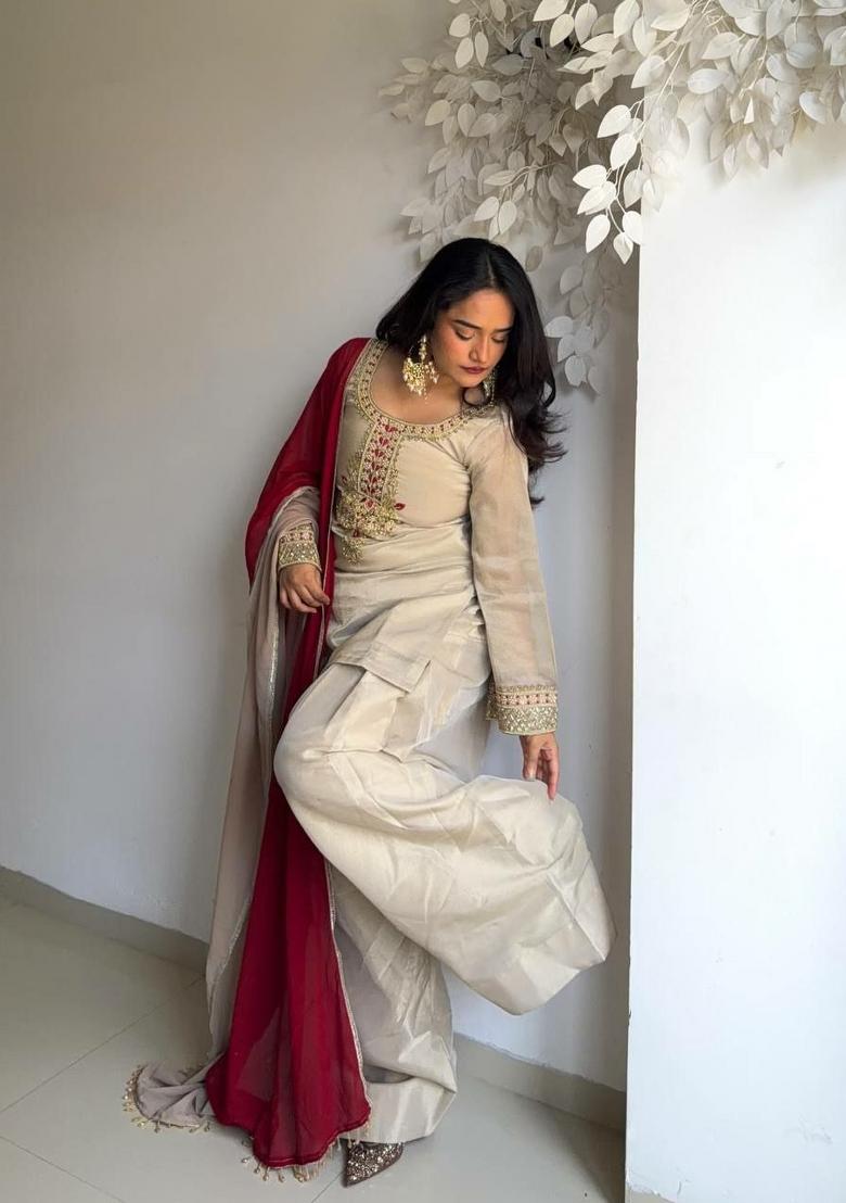 White Embroidered Organza Kurta Set - Indya