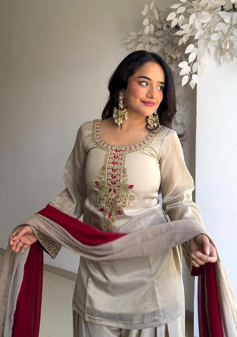 White Embroidered Organza Kurta Set - Indya