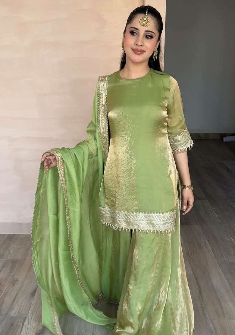 Green Embroidered Silk Sharara Set - Indya