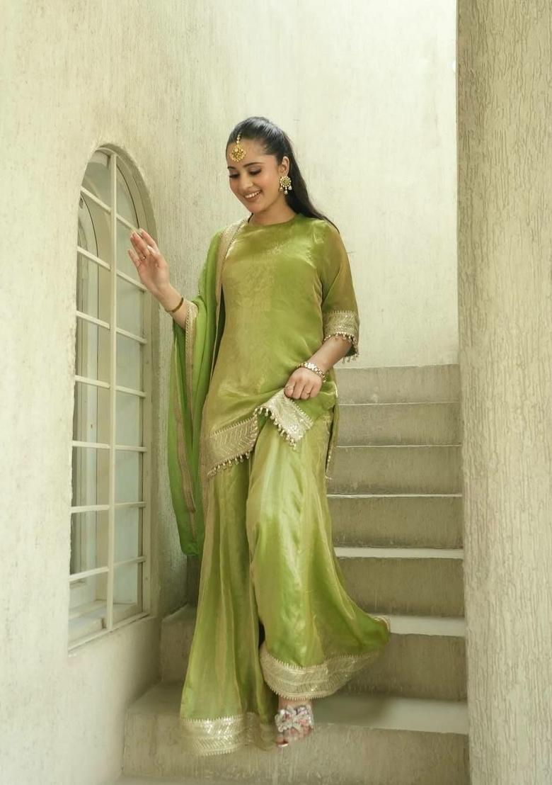 Green Embroidered Silk Sharara Set - Indya