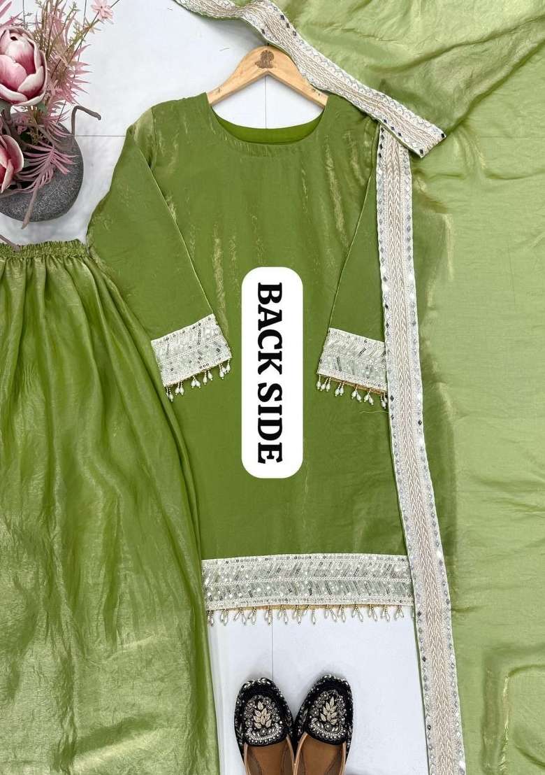 Green Embroidered Silk Sharara Set - Indya