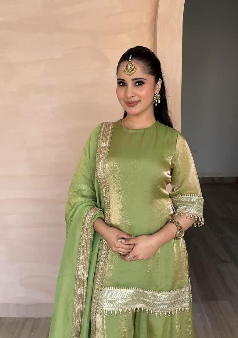 Green Embroidered Silk Sharara Set - Indya