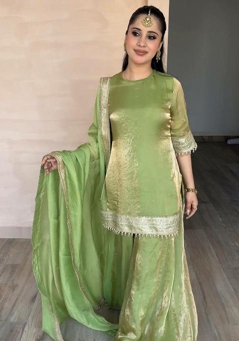 Green Embroidered Silk Sharara Set