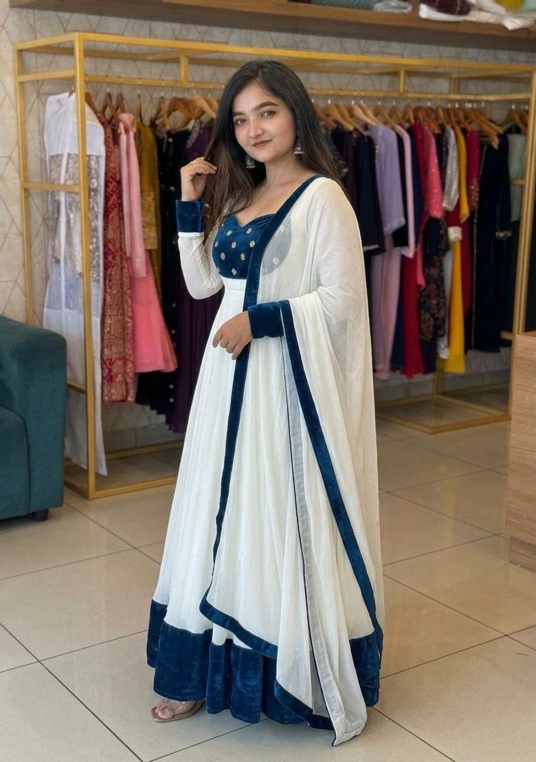 White Embroidered Silk Blend Anarkali Set - Indya