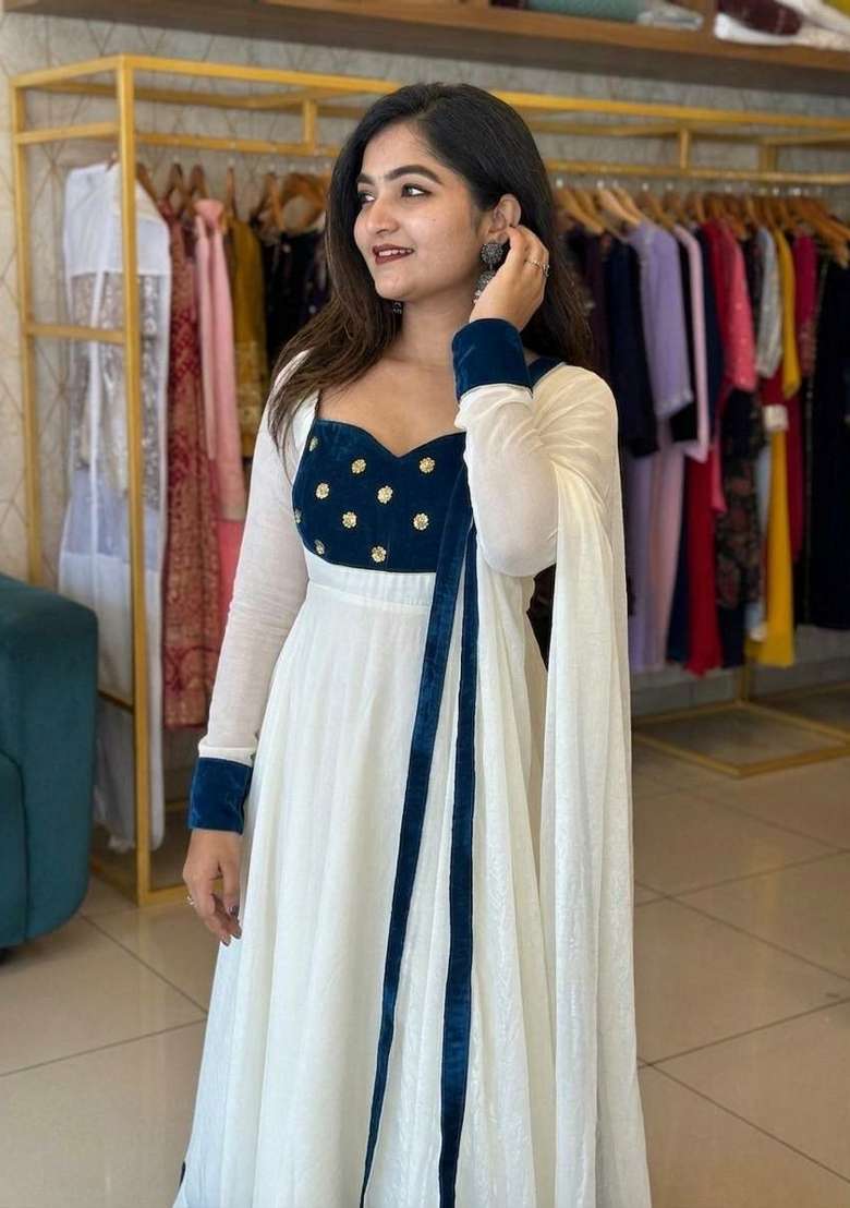 White Embroidered Silk Blend Anarkali Set - Indya