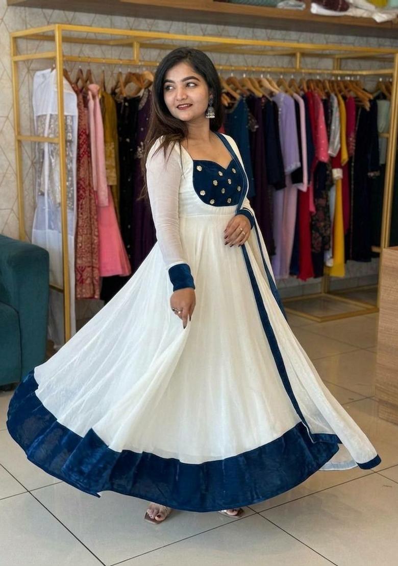 White Embroidered Silk Blend Anarkali Set - Indya