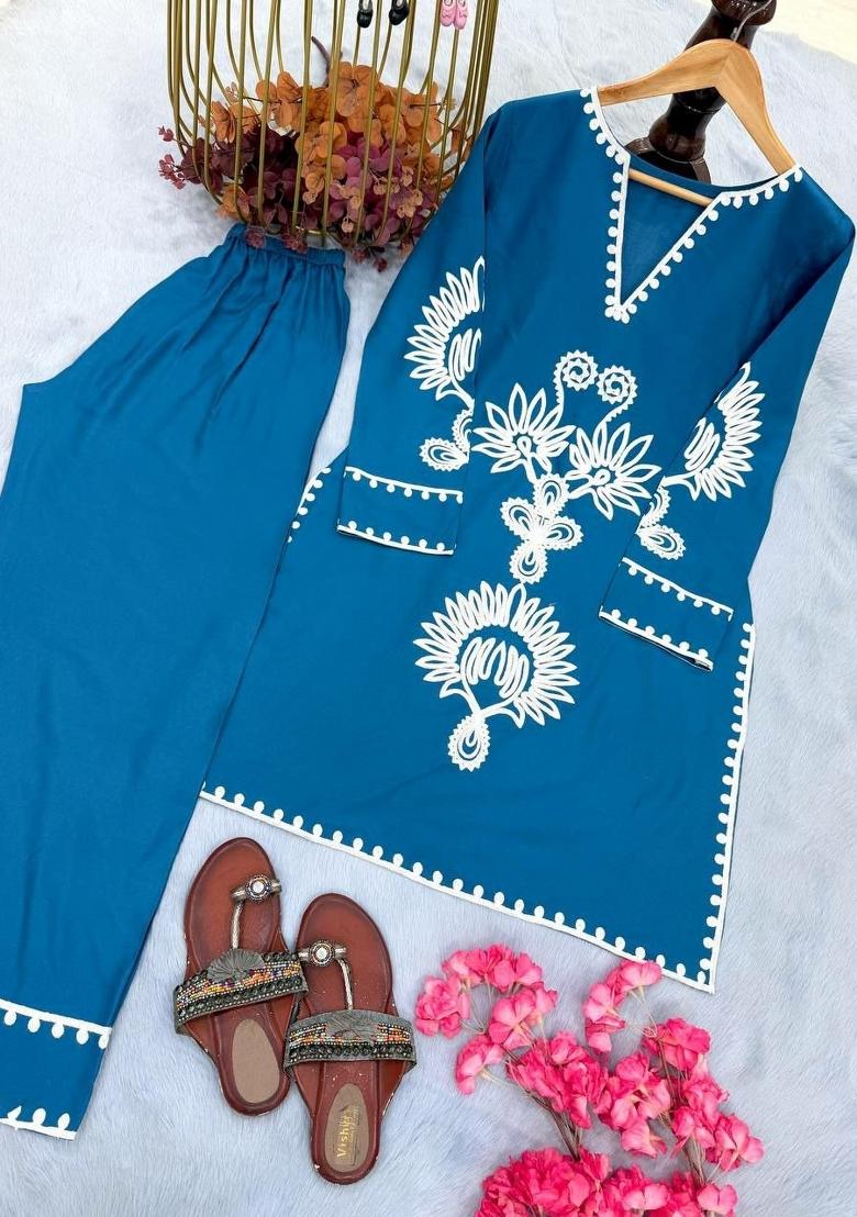 Blue Embroidered Rayon Co-Ords Set - Indya