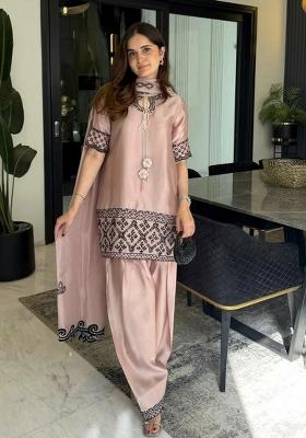 Peach Embroidered Silk Blend Kurta Set