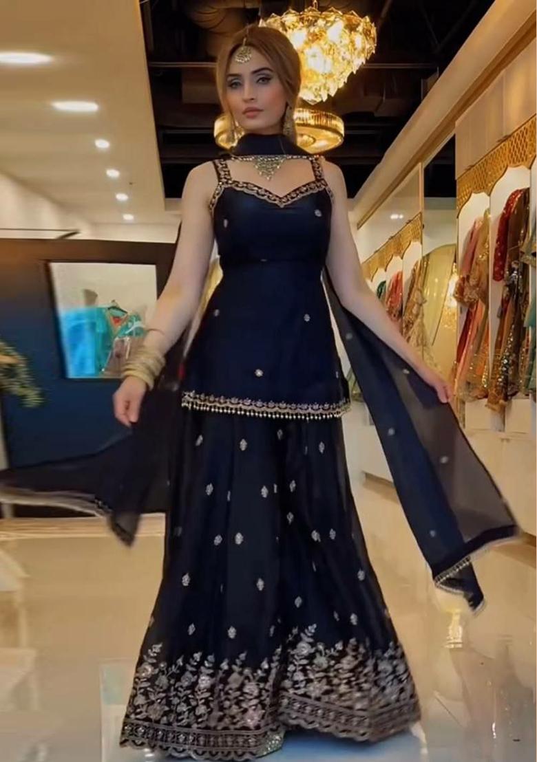 Black Embroidered Silk Sharara Set - Indya