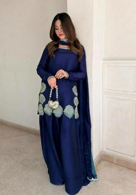 Blue Embroidered Silk Blend Kurta Set