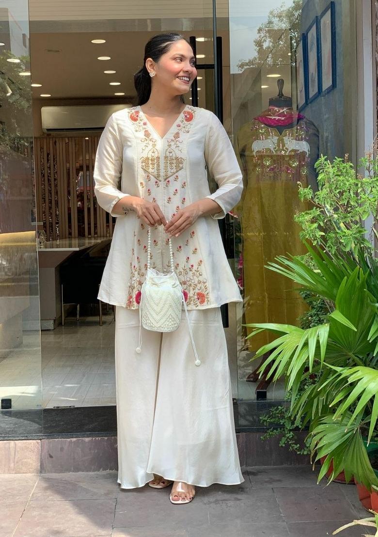 White Embroidered Silk Palazzo Set - Indya