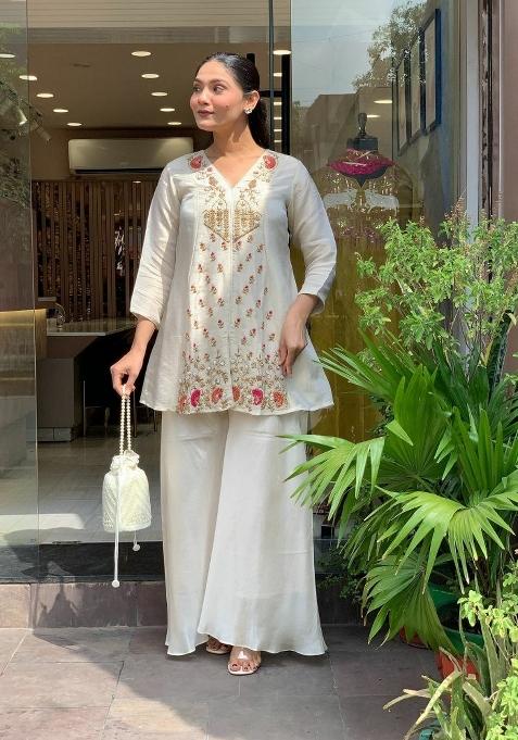 White Embroidered Silk Palazzo Set