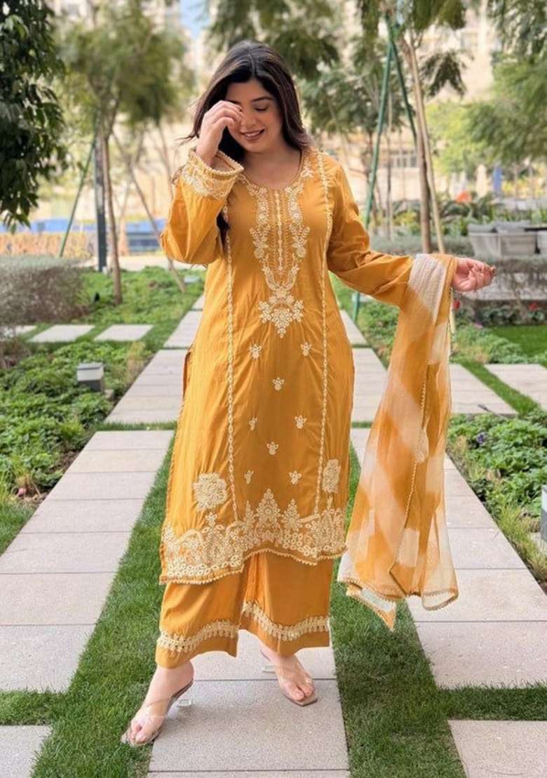 Yellow Embroidered Silk Palazzo Set - Indya