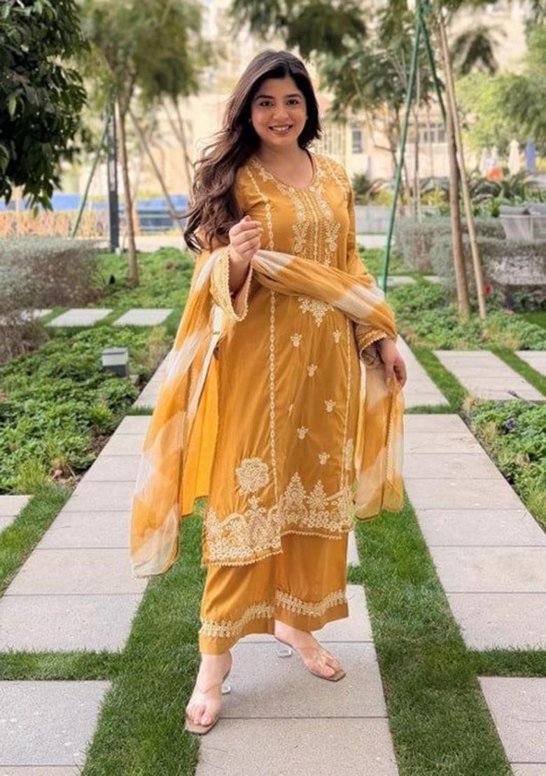 Yellow Embroidered Silk Palazzo Set - Indya