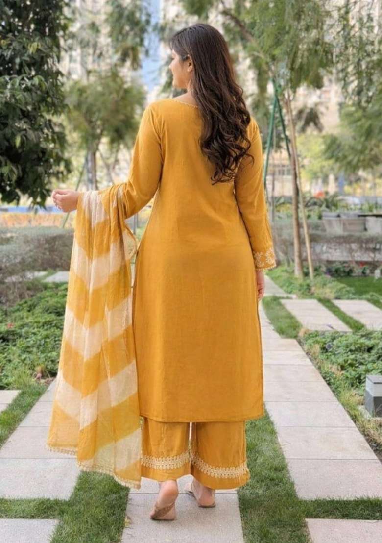 Yellow Embroidered Silk Palazzo Set - Indya