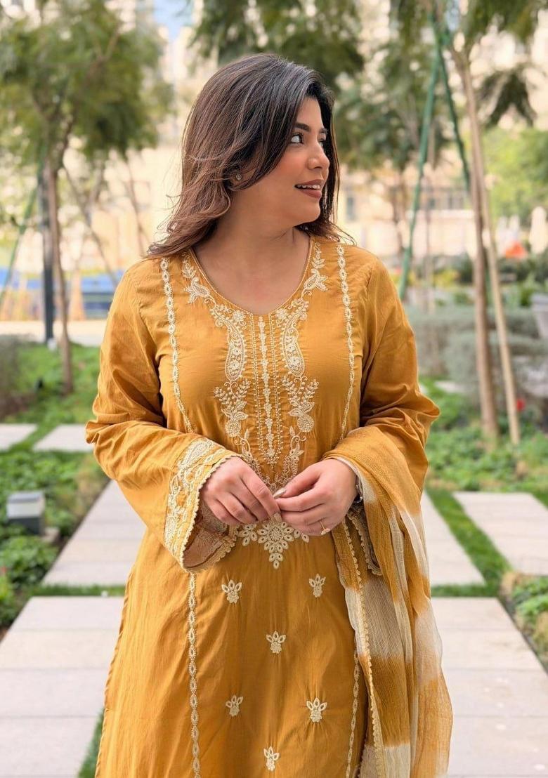 Yellow Embroidered Silk Palazzo Set - Indya