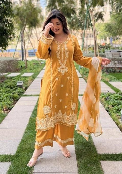 Yellow Embroidered Silk Palazzo Set