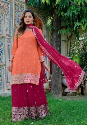 Light Orange Embroidered Georgette Kurta Set