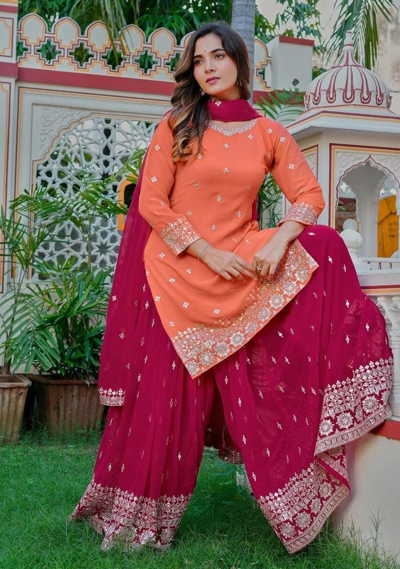Light Orange Embroidered Georgette Kurta Set - Indya