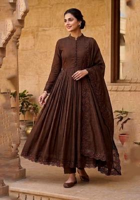 Chocolate Brown Embroidered Silk Blend Anarkali Set