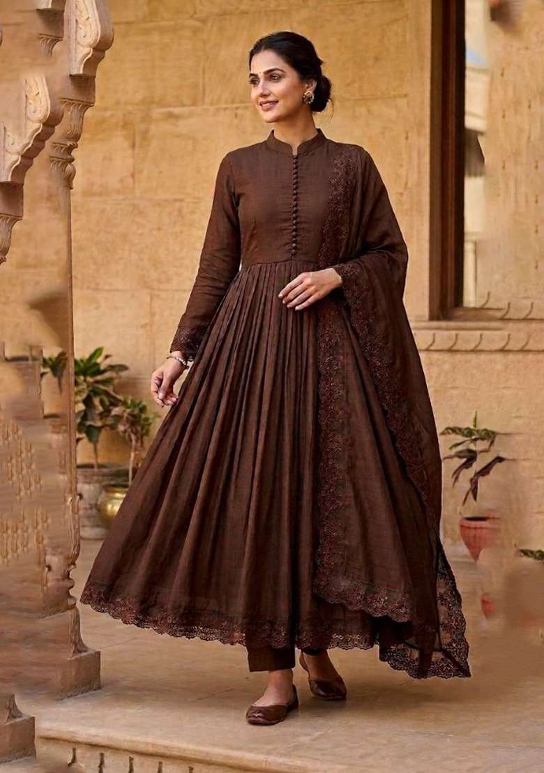 Chocolate Brown Embroidered Silk Blend Anarkali Set - Indya