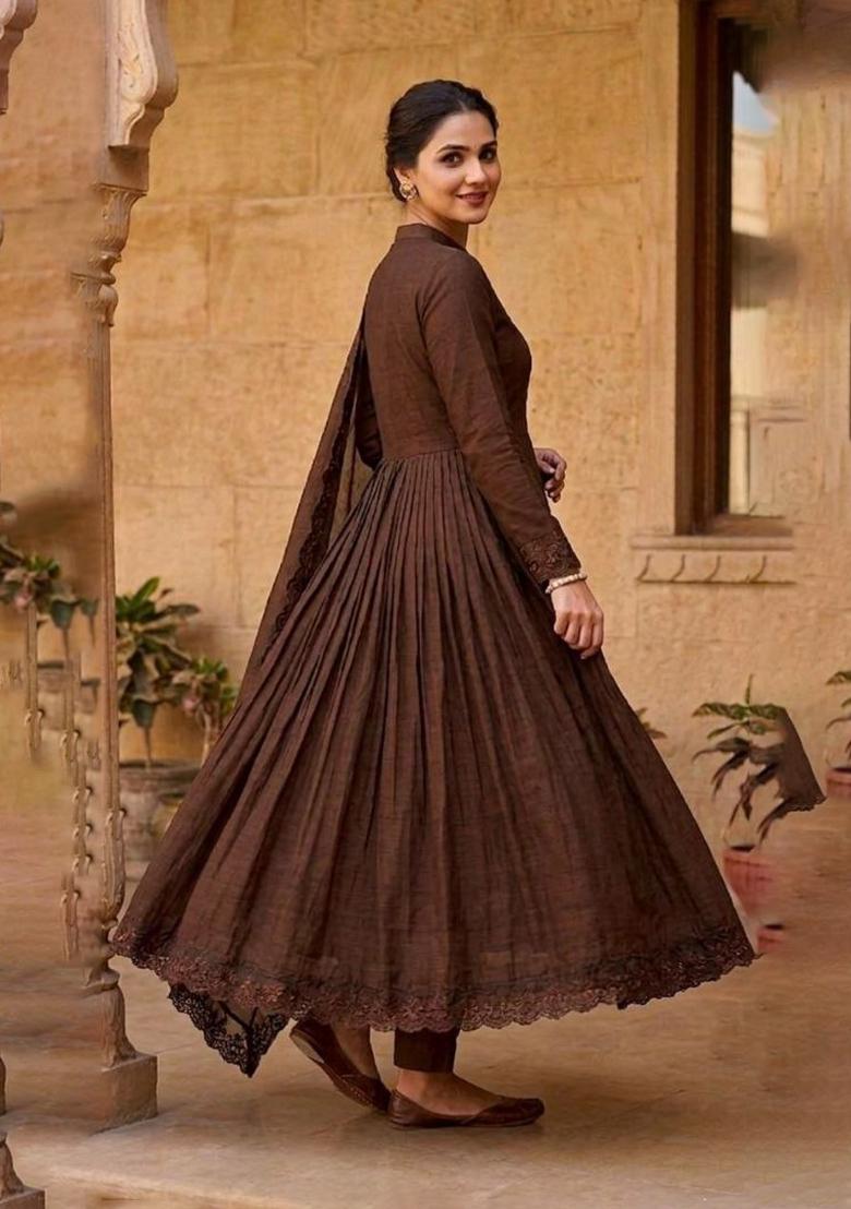 Chocolate Brown Embroidered Silk Blend Anarkali Set - Indya