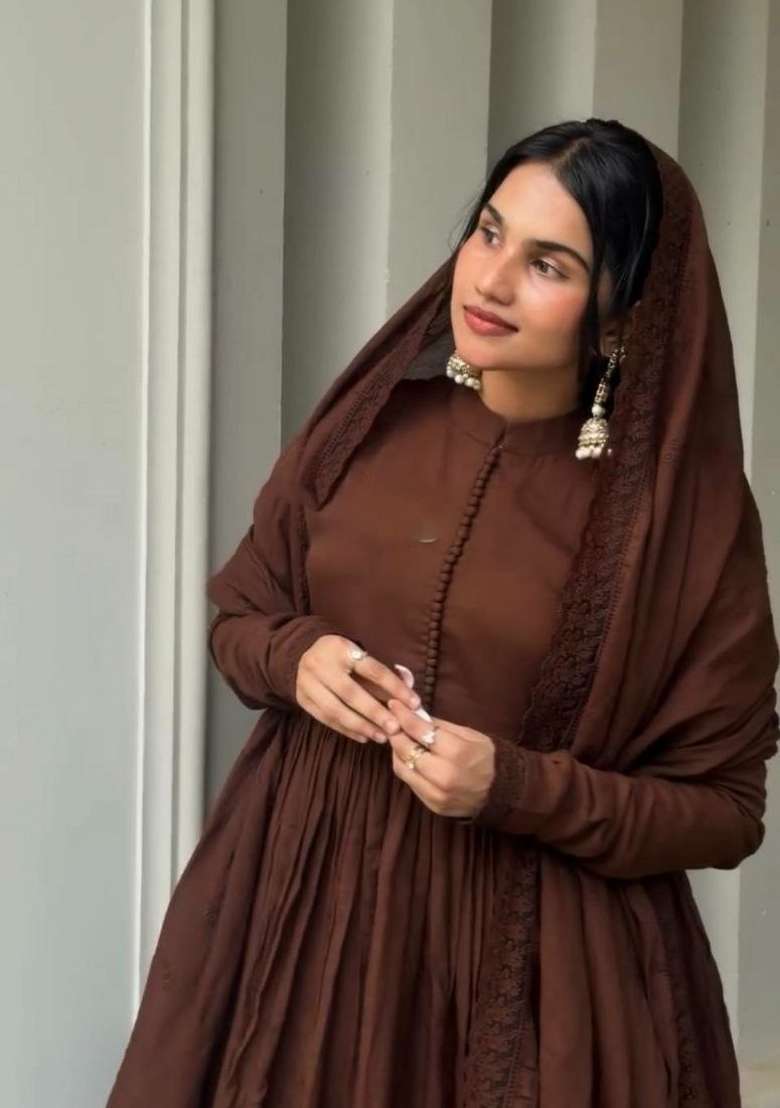 Chocolate Brown Embroidered Silk Blend Anarkali Set - Indya