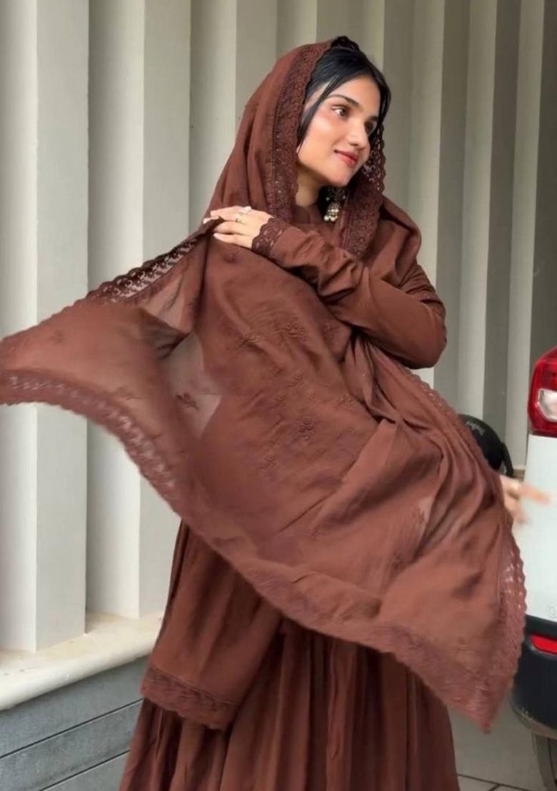 Chocolate Brown Embroidered Silk Blend Anarkali Set - Indya