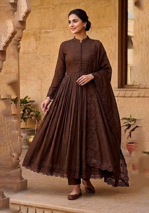 Chocolate Brown Embroidered Silk Blend Anarkali Set