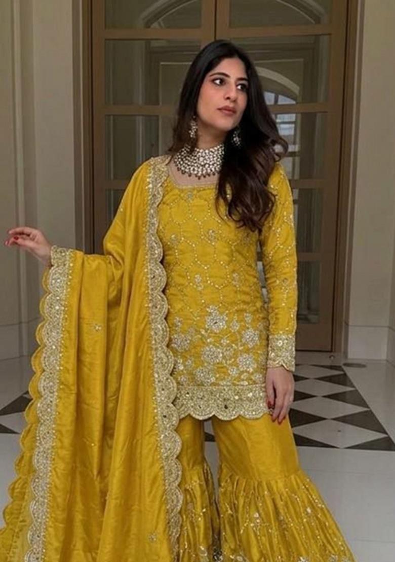 Yellow Embroidered Silk Sharara Set - Indya