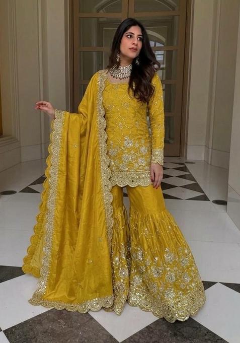 Yellow Embroidered Silk Sharara Set