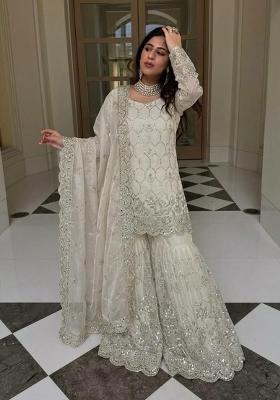 White Embroidered Silk Sharara Set