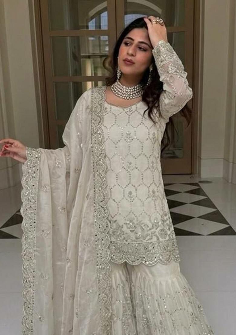 White Embroidered Silk Sharara Set - Indya