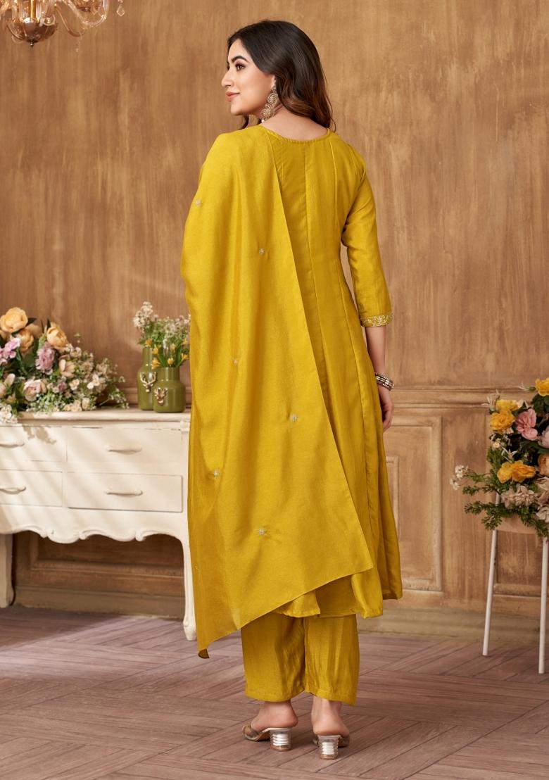 Yellow Embroidered Silk Blend Anarkali Set - Indya