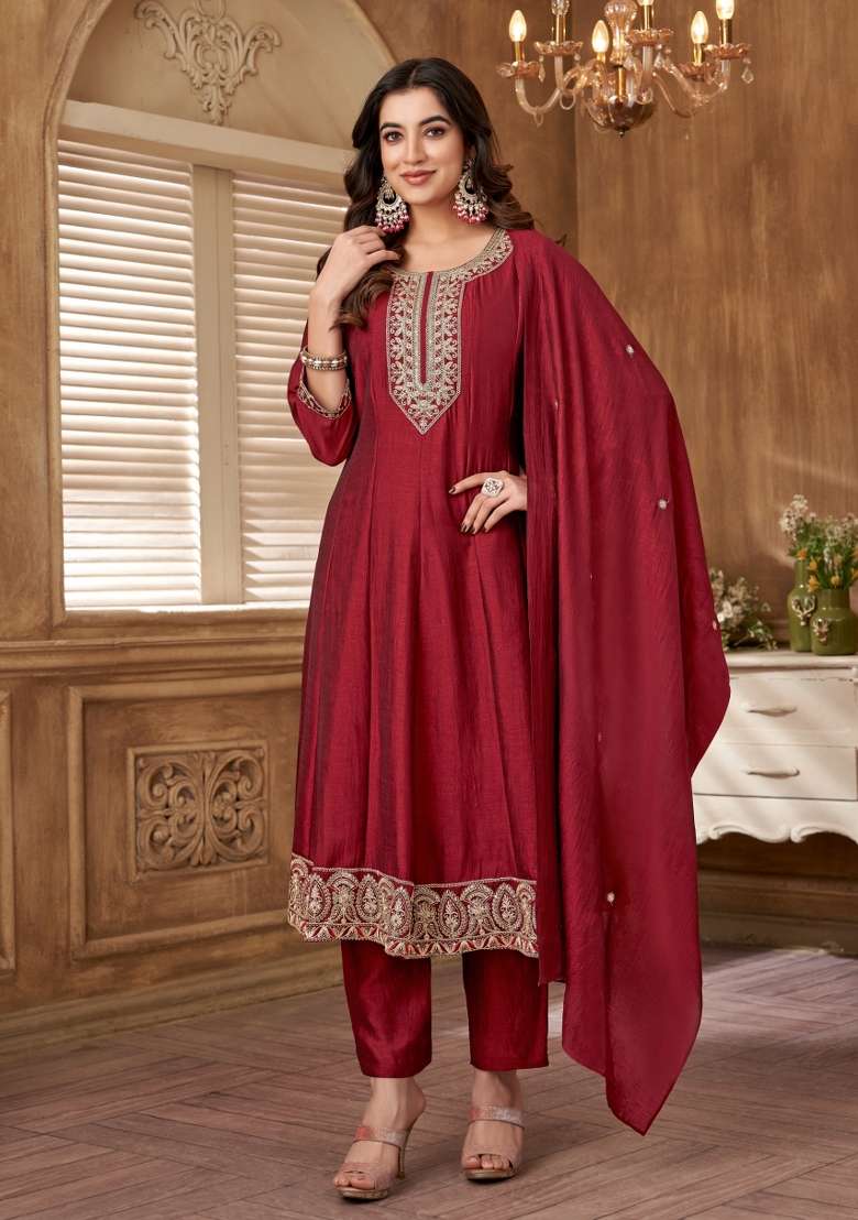 Maroon Embroidered Silk Blend Anarkali Set - Indya