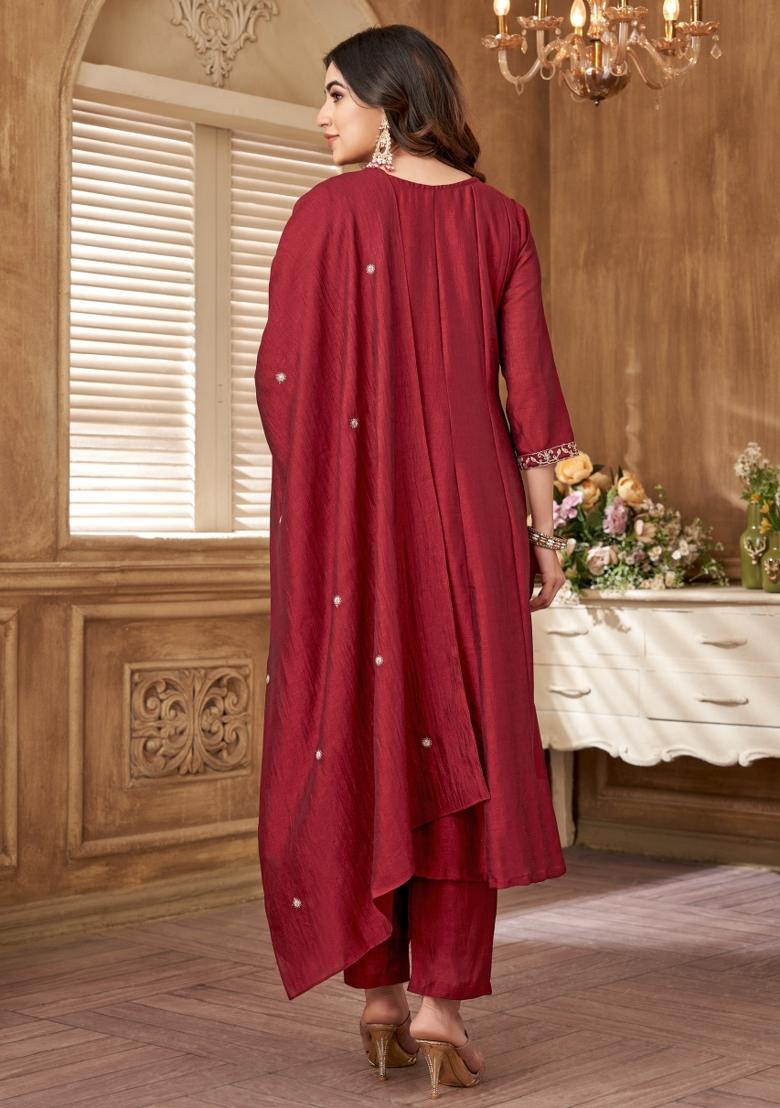 Maroon Embroidered Silk Blend Anarkali Set - Indya